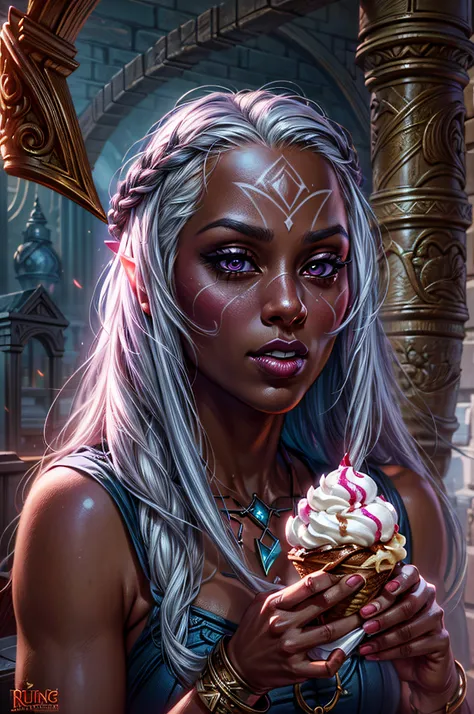 a portrait of female drow, dark elf,  eating ice cream, photorealistic, fantasy art, RPG art, a female dark elf wizard (ultra detailed, Masterpiece, best quality, fantasy art), extremely beautiful, dark skin, white hair, long hair, pulled back hair, purple...