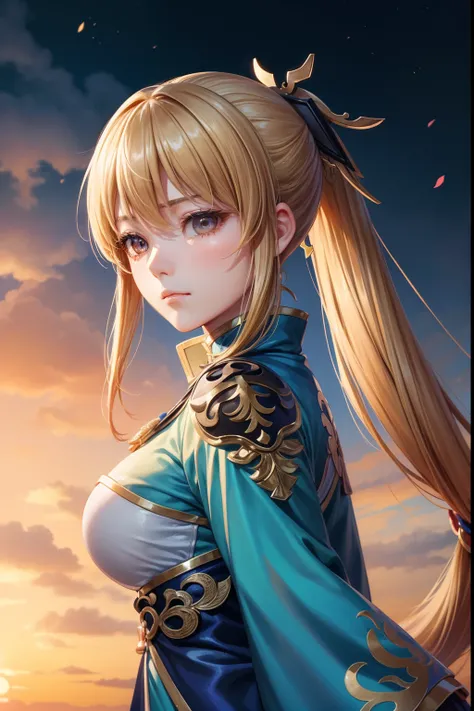 wang_Yuanji(Wang Yuanjie)、1girl, masterpiece、top-quality、ponytail, {小柄}、{Sharp eyes}、antiquegold hair、huge tit、Looking ahead、Dropping your gaze、chill out、Eyes tinged with melancholy、Half eye、