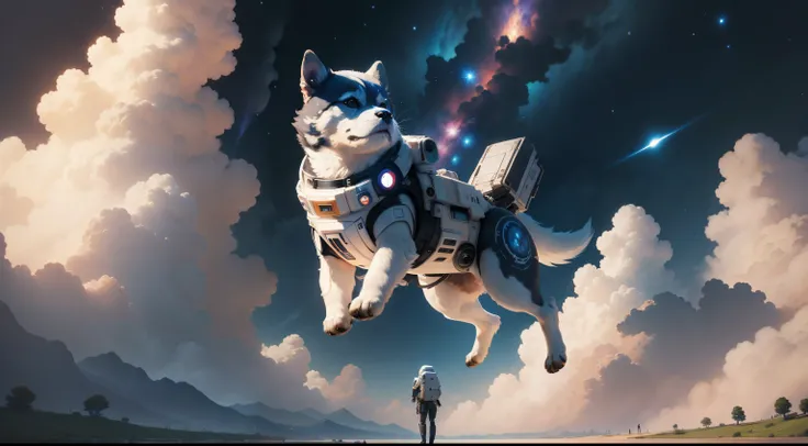 ((Best quality)), ((masterpiece)), ((anime)), detailed space dog full body inspired by movie star wars image size scale 40% of the full image, playing in in the center of a detailed dreamy landscape garden, cloudy sky, sci fi, mechanical butterflies, space...