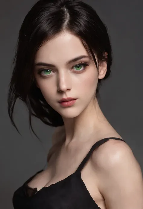 sfw, natural and extremely tiny german 21 year old girl, named Edelmira Marianna Tedesco, Birth date May 3, 2005, Height 153 cm, Weight 45 kg, green eyes, black hair,  skin with blemishes,, walking in an anchient chapell, wearing shorts and bra, happy expr...