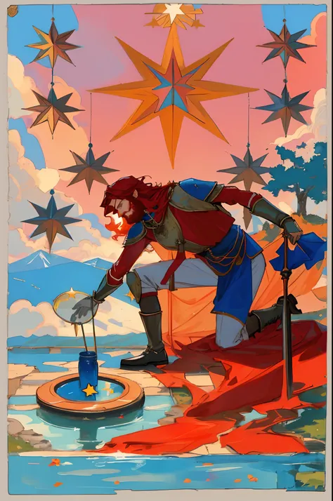 Tarot card, the star, A man with a big red hair and beard, wearing a red and yellow armor, big blue scarf on the neck, he is on his knees holding two jars that is dripping water, he is kneeling down on a pool, There is a blue sky with white stars and one b...