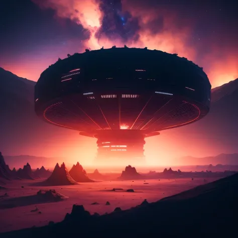 Alien base (Very detailed) In the mountainous desert，There are several exhaust fans and chimneys, Some spotlights come out of the base to illuminate dark places, (Extreme nights), Some clouds in the night sky, Some of the surrounding planets provide air to...