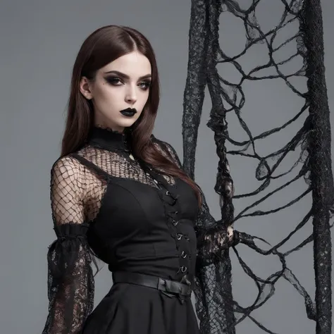 Girl with gothic net symbolic clothes,Lolita,brunette color hair，muscular female,muscular girl,muscular