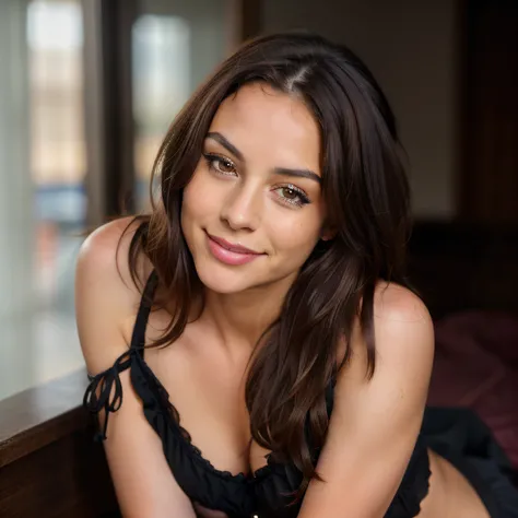 cute beautiful brunette, wearing cute black laced babydoll, leaning forward ,full body, perfect angle, very detailed, 32 years old, smily face, small breasts, messy long hair, brown eyes, high-res, masterpiece, best quality,intricate details, highly detail...
