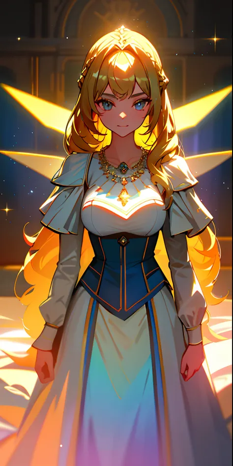 (Masterpiece: 1.4), (Best quality: 1.4), 8K, HD, ultra clear，(sun glare), holographic glow, light particles, raytraced, hyperdetailed skin, 1girl，（big breasts：1.4), Skirt，necklace, (castle), Elara possesses a captivating beauty with her long flowing blonde...