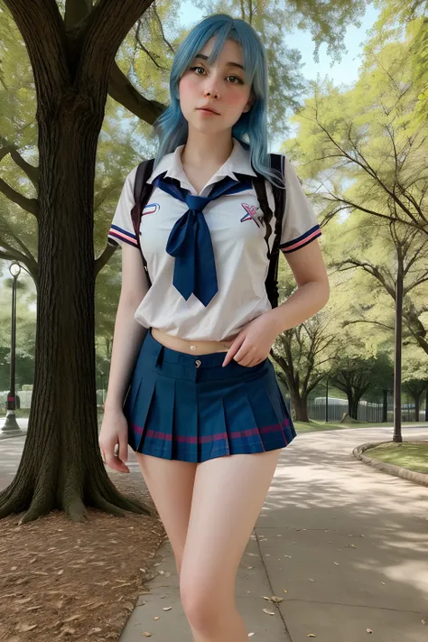 wearing short revealing sexy school girl uniform, full body , beautiful face, blue hair, beautiful eyes, open eyes, hyper realis...