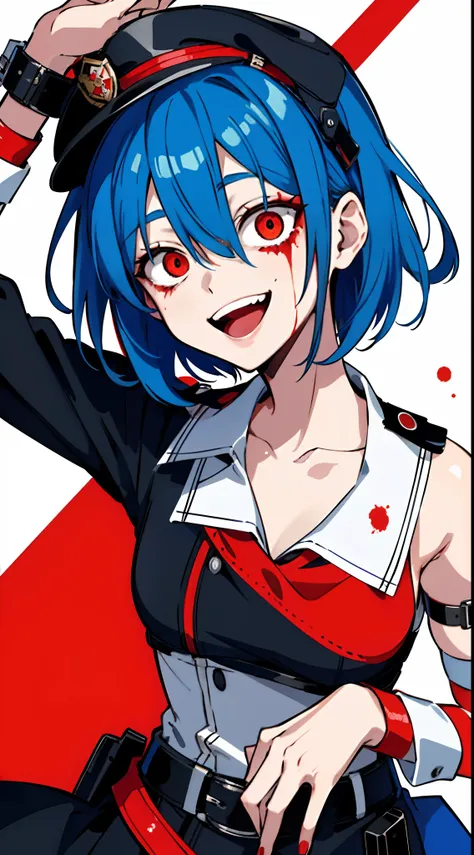 top quality original characters , 1girl in, (crazy smile:1.2) , short blue hair , bangss , (crazy eyes:1.3) , blood splatters on...