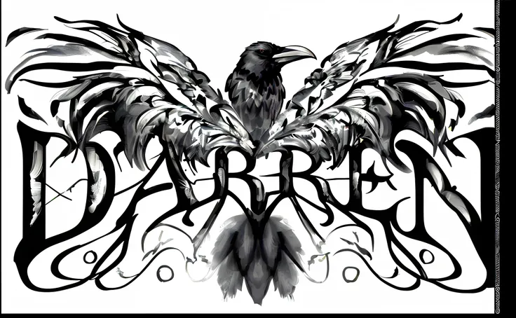 a black and white drawing of a Majestic raven with wings, Darren" spelled out in black feathers, aaron horkey style, detailed crow illustration, raven wings, highly detailed dark art, black metal logos, dark feathered wings, raven, dark crow, tattoo design...