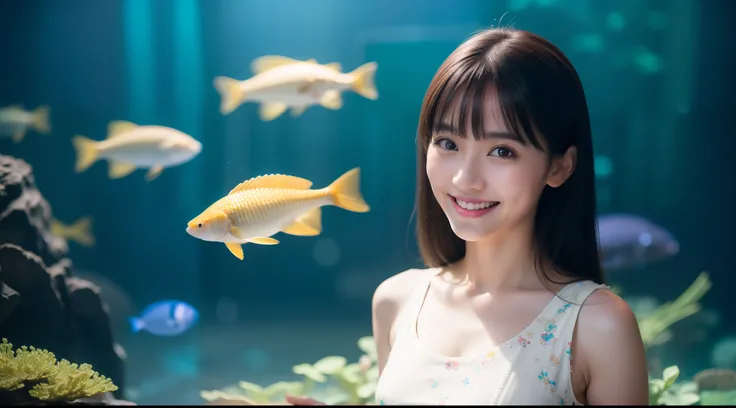 girl with, 独奏, A smile, Dressed in a casual dress, Aquarium background, depth of fields, (Photorealsitic:1.4), top-quality, ​masterpiece, ultra-detailliert, Raw photo