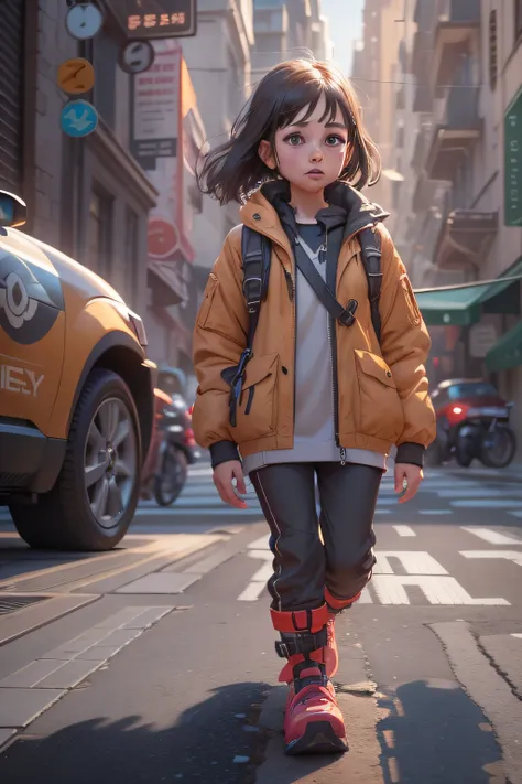 photorealestic， Woman walking on a city road，small person。Unreal Engine 5，Animation-style rendering，atey ghailan 8 k，Childrens art in ArtStation，adventure hyper realistic render，lovely digital painting，cute 3 d render，cute detailed digital art，Female explo...