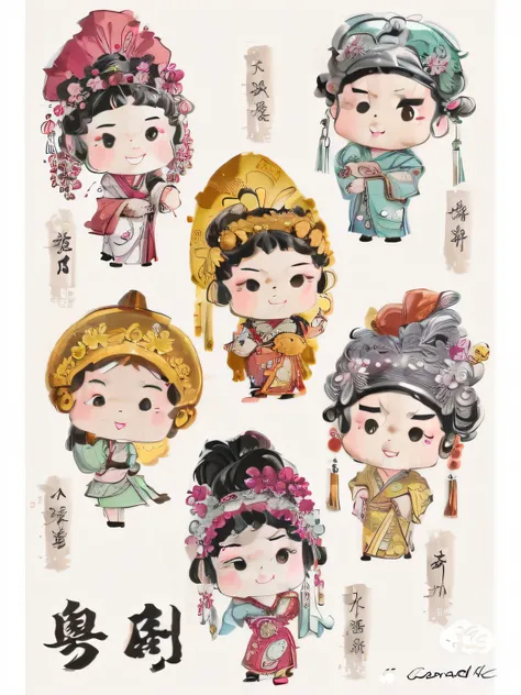 A close-up of a set of cartoon characters with kanji, Wearing ancient Chinese clothes, ancient china art style, Traditional Chinese clothing, Chinese traditional, Princesa chinesa antiga, Chinese costume, ancient chinese beauti, inspired by Park Hua, Chine...