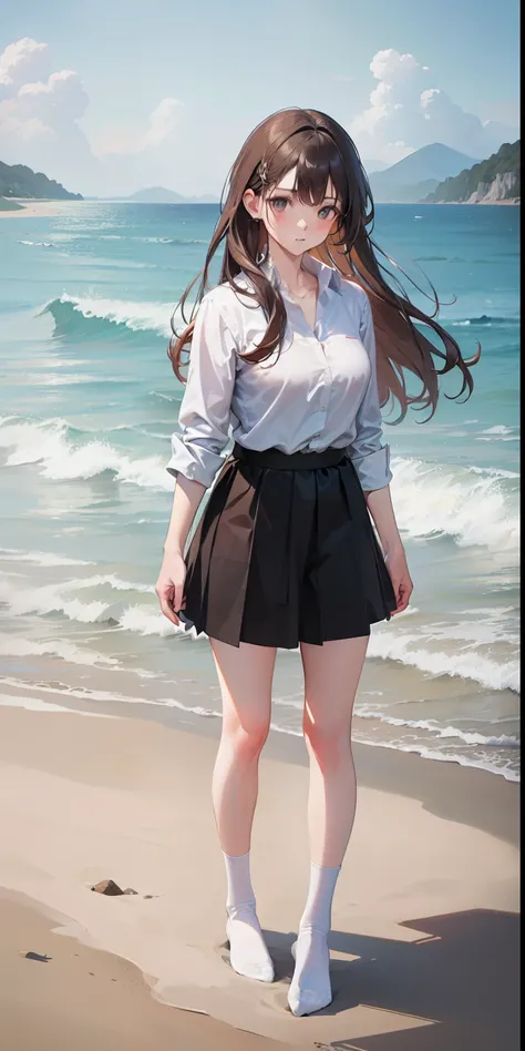 ultra detailed, highres, (realistic, photorealistic: 1.4), 8k, raw photo, (masterpiece), (best quality), physics-based rendering, female college student, long brown hair, Korea, beach, looking, sock, standing, unbuttoned_white_shirt