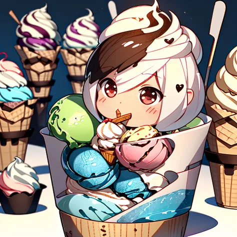 (Precise and unmatched illustrations:1.3), (kawaii, Cute, Tiny, chibi:1.3), (ice cream:1.4), (world made of colorful popping ice cream). (Best Quality), (masutepiece:1.3), Ultra-detailed, The kawaii and cute ice cream was tiny, round, and adorable, causing...