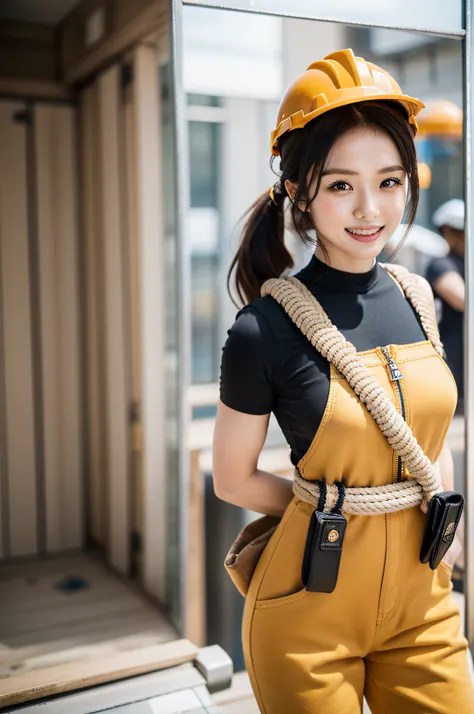 Realistic depiction of "Eri Kamei" Discover the world of cosplay "Iris duty" (Fei Construction Worker). Dressed in symbolic attire of the profession, She is equipped with a safety helmet, Tabi boots, And characteristic tobi pants. Her tool pouch is full of...