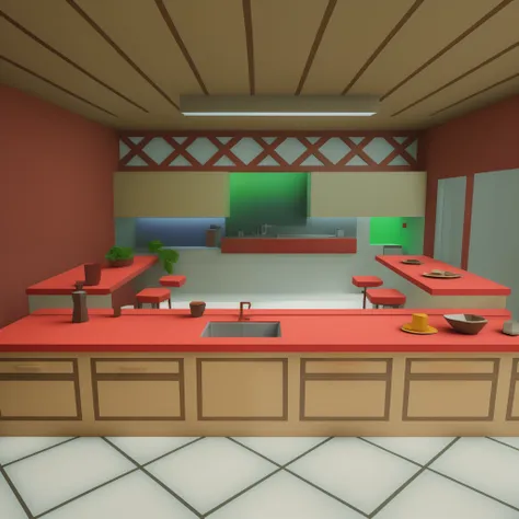 there is a kitchen with a red counter and a red countertop, fotografia da sala 3d do ios, captura de tela de jogabilidade interi...