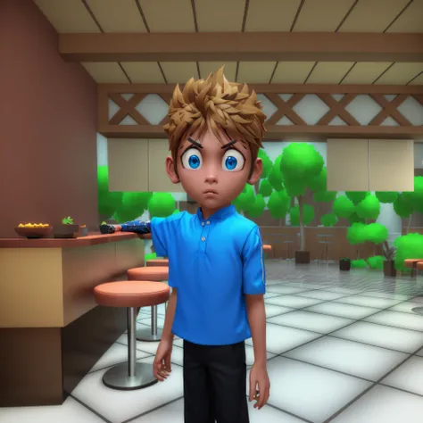 Cartoon boy standing in a room with a bar and a table, standing in a restaurant, Captura de tela do jogo Life Simulator, Caractere estilizado, Avatar da parte superior do corpo, character is standing, estilizado simples, Mostrar sombreador, Caractere detal...