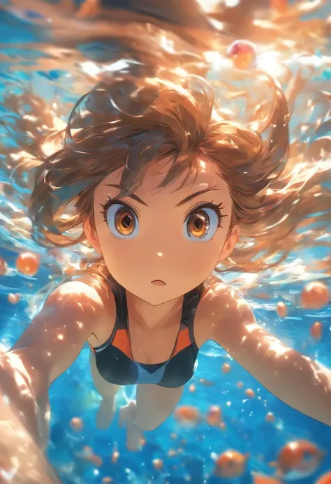 foreshortening,  Depth of field, Masterpiece, Best quality, 1girll, Brown hair, Brown eyes,  Long hair, Underwater, airbubble, Solo, view the viewer, School swim wear, Swimming,  Dappled sunlight,