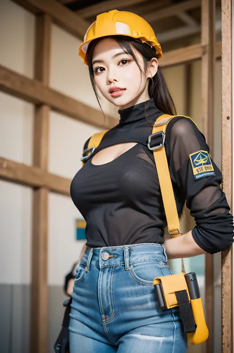 Realistic depiction of "Eri Kamei" Discover the world of cosplay "Iris duty" (Faye Construction Worker). Dressed in symbolic attire of the profession, She is equipped with a safety helmet, Tabi boots, ・Characteristic tobi pants. Her tool pouch is full of e...