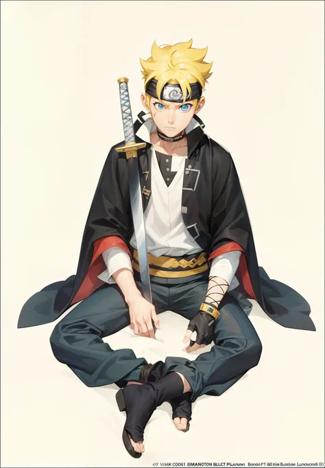 1boy, boruto uzumaki, blue eyes , 8k (masterpiece, best quality:1.2), solo, male focus, one eye closed, scar across eye, sword