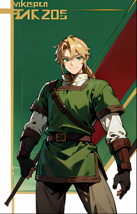 blond, tall, green-eyed guy, viking style, russian hero style, strong,  anime style, anime  , link, ( gloves), standing, (muscular:0.5)(from above:0.1),(sport:0.2), (empty background),(smiling:0.25,(armor:0.6), (character design), (uniform:0.6)