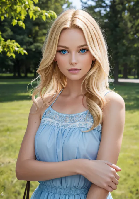 real model photograph, blonde, blue eyes, outdoors