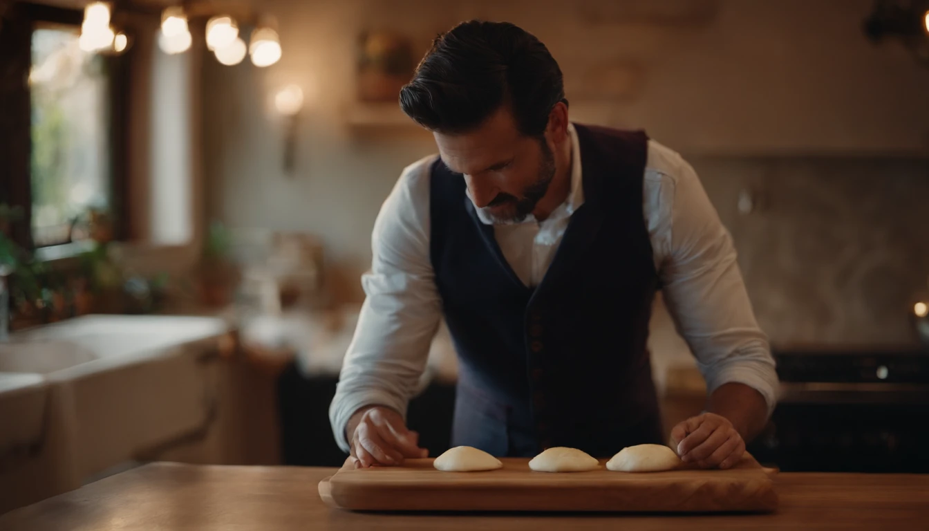 Portrait of a father，Small plum type，Artisan people，designer，Love to laugh，largeeyes，tall nose bridge，The shirt，Large back hair style，In cooking cuisine，Holding a cutting board