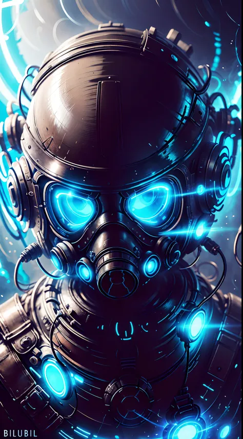 portrait of an angel with a gas mask on, blue lights, in the style of blueap, realistic