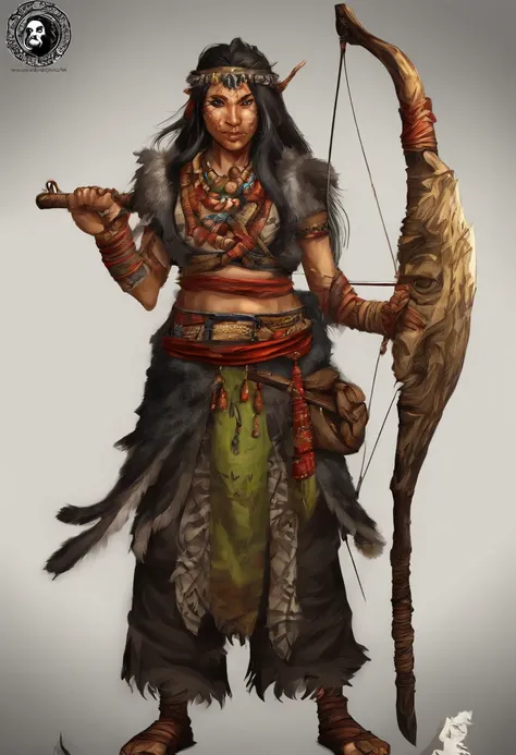 An Asian female leader with a beast bone and a bow and arrow, Rough skin texture，The skin is yellow skin，Wear jade around the waist，Wooden cloth shoes on his feet，fantasy character concept, complex fantasy character, heroic fantasy character concept, rpg c...