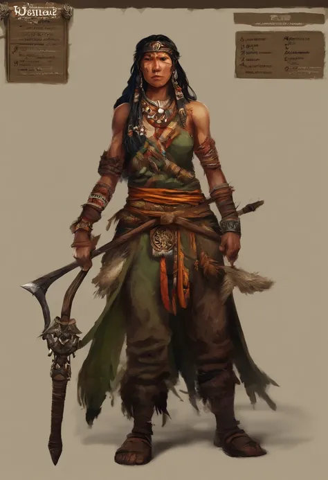 An Asian female leader with a beast bone and a bow and arrow, Rough skin texture，The skin is yellow skin，Wear jade around the waist，Wooden cloth shoes on his feet，fantasy character concept, complex fantasy character, heroic fantasy character concept, rpg c...