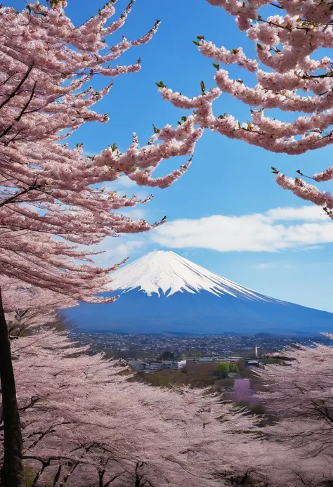 springtime　cherry trees　　Mt fuji　spotless　breezing