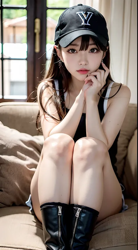 女の子1人、a 19 years old girl、Beautie、Model face、A dark-haired、hair adornments、Black Cap(baseball cap)、garments（Black camisole、Black pleated mini skirt,Casual enough to see underwear、Black long boots)、petite and very slender figure,,,,,,,,,,,,,,,,,,,,,,,,,,,、v...