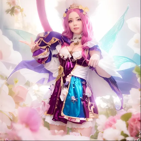 there is a woman dressed in a fairy costume holding a sword, fairycore, belle delphine, seraphine ahri kda, anime cosplay, ornate cosplay, glamourous cosplay, anime girl cosplay, jessica nigri, alice from alice in wonder land, fantasy photoshoot, cosplayer...