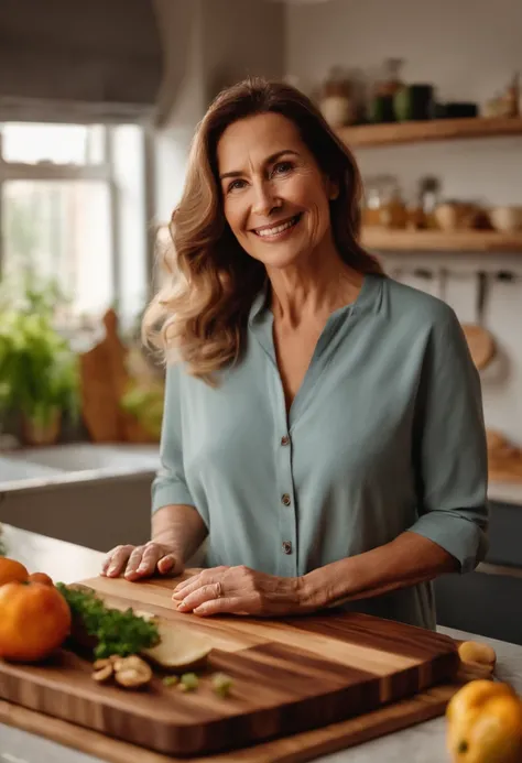 Middle-aged European woman，In bright kitchen，rays of sunshine，Presentation with walnut cutting board in hand，ssmile，