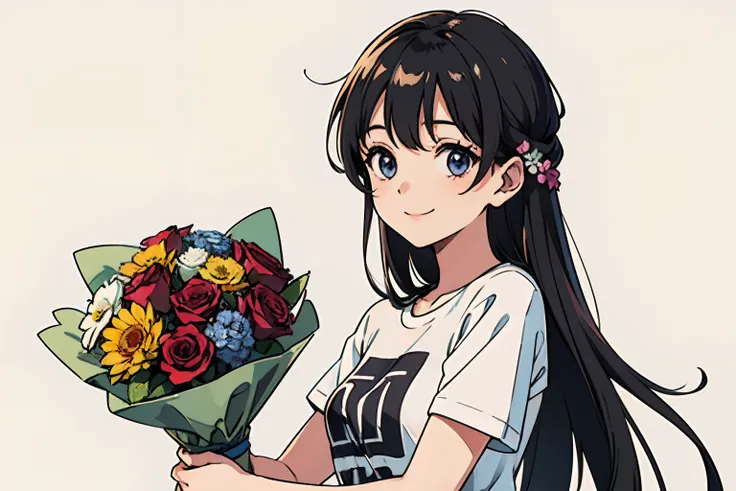 Best quality、超A high resolution、full bodyesbian、Girl working in a flower shop、Wear a boyfriend-style t-shirt，Making a bouquet、Florist background， Cute happy smile