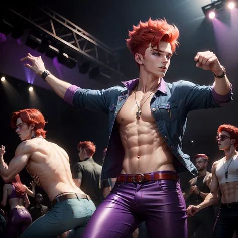 20-year-old man with red hair and athletic body wearing purple psychedelic clothes and jeans, Dancing in a dark and bright 70s style disco