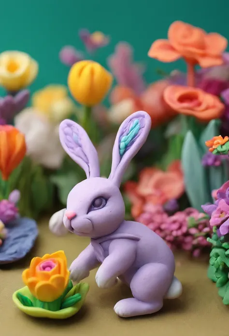 Cute baby rabbits running around in a colorful garden , colorful flowers, detailed, round and cute rabbits, colorful rabbits