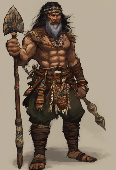 An Asian male leader with a beast bone on his head and a bow and arrow, Good facial features，There is a totem on the face，Determined gaze，Battle-hardened，Rough skin texture，The skin is yellow skin，Wear jade around the waist，Wooden cloth shoes on his feet，f...