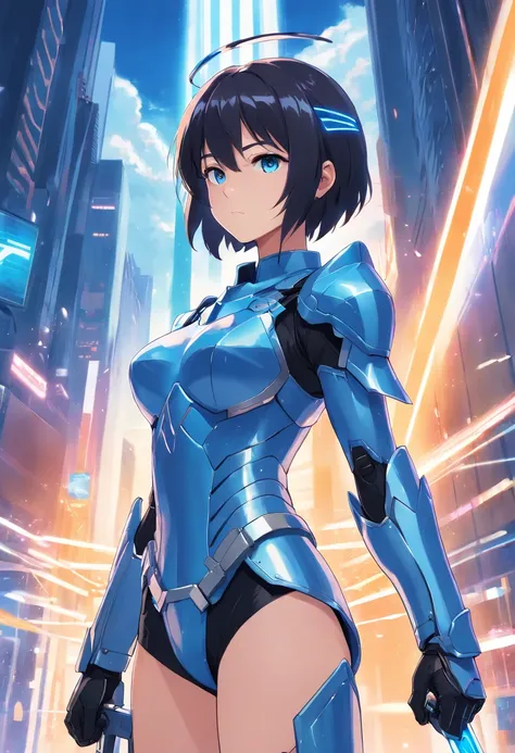 Girl with black hair and blue eyes, valkyrie helmet and armor, full 3 pose, character design, ultra high resolution 8k, ultra high definition 4k, magic-sword knight, sci-fi armor, shine, heroine face, Elemental sword, full plate silver color, stabilizer di...