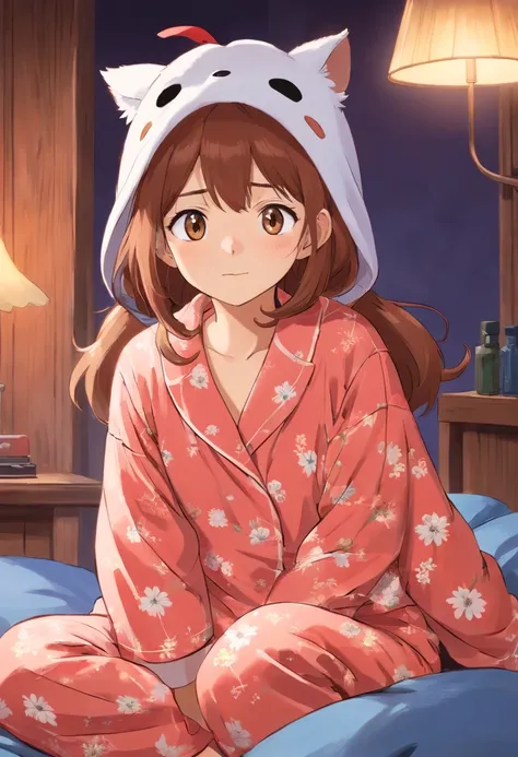 One in pajamas，With a hat on，Full of sleepiness，Has dark circles，Cute IP image