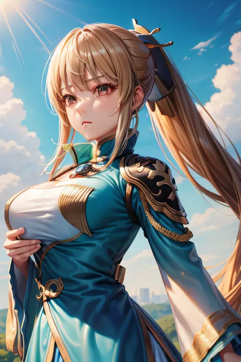 wang_Yuanji(Wang Yuanjie)、1girl, masterpiece、top-quality、ponytail, {小柄}、{Sharp eyes}、antiquegold hair、huge tit、Looking ahead、Dropping your gaze、chill out、Eyes tinged with melancholy、{half eyes}、seminude、Dignified、