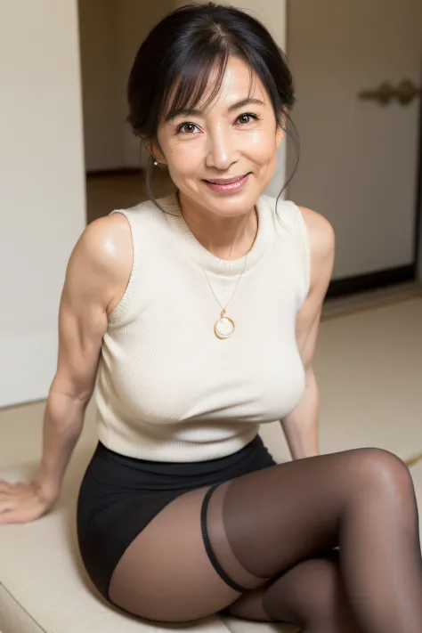 japanese mature, (Solo), 50 years old, (Wrinkles at the corners of the eyes:1.2), Large breasts, A MILF, glamor, A sexy, Chromo-white skin, Looking at Viewer、Super large udder、Sleeveless knitwear、Tight Fit Knitted Dresses、Muchimuchi、Black pantyhose、high-he...