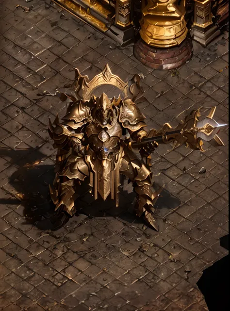 image of alphad sitting on a throne with a man in golden armor, diablo 2, on an epic intricate oroboros, diablo 4 queen, ancient...