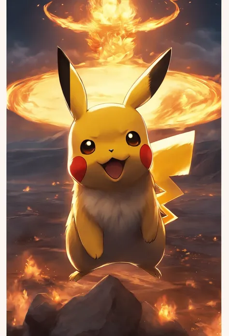 best qualityer, illustration, Pikachu ,beautiful detailed brightness,(flame of war:1.2),Detailed lighting,(美丽细致的眼睛:1.1),Happy emoji, full bodyesbian