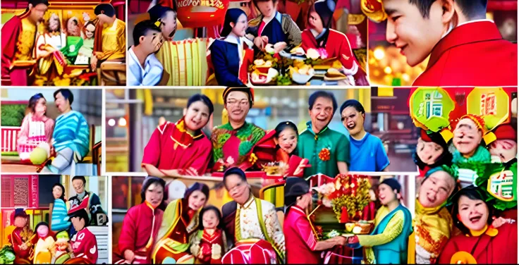 A collage of Aalfed celebrating Chinese New Year with a family, advertisement picture, Heartwarming, Family, Grand!, warm and joyful atmosphere, Full image, Uptrend ，, coloured photo, snapshot, photo collage, photo collage, marketing photo, Chinese traditi...