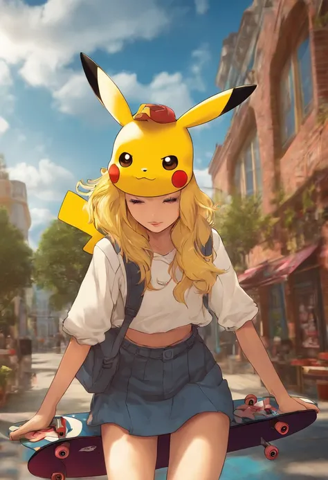 Skateboard, yellow hair, short skirt, girl, Pikachu