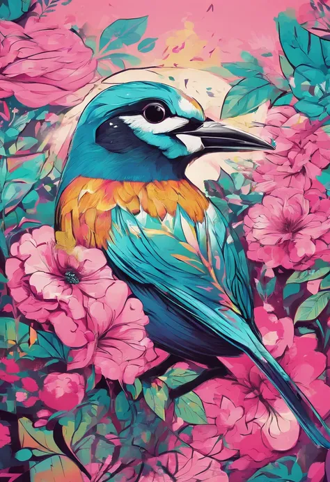 A bird remains in pink flowers，Take pollen，The colors are eye-catching，Sharp