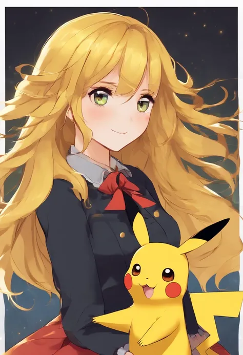 Girl with long yellow hair and short skirt holding a playful and cute Pikachu