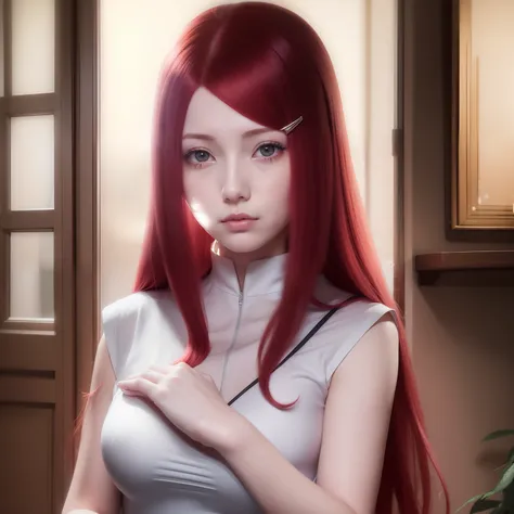 Kushina uzumaki. A woman was standing in a room. He was seen in a silver shirt. With a straight red hair that unraveled not tied. He had a white as snow. And rosy cheeks. And a tiny pink lip. He looked into the camera. Looking so pretty and realistic