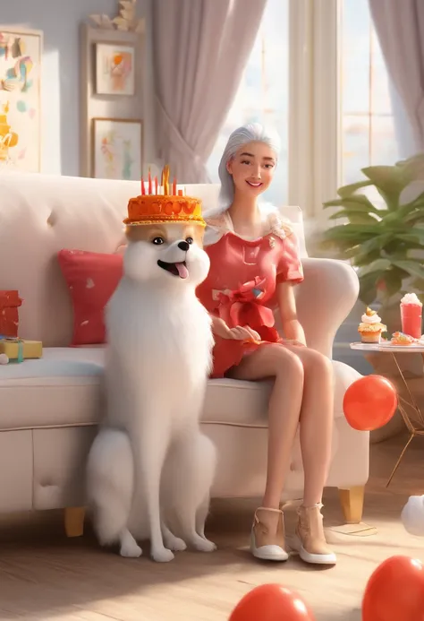 The woman is sitting on the sofa with a small white Pomeranian crawling on her lap.., in front of a birthday cake, Make a wish on the birthday cake, Celebrating his birthday, she is about 1 6 years old, piel blanca, rasgos faciales delicados