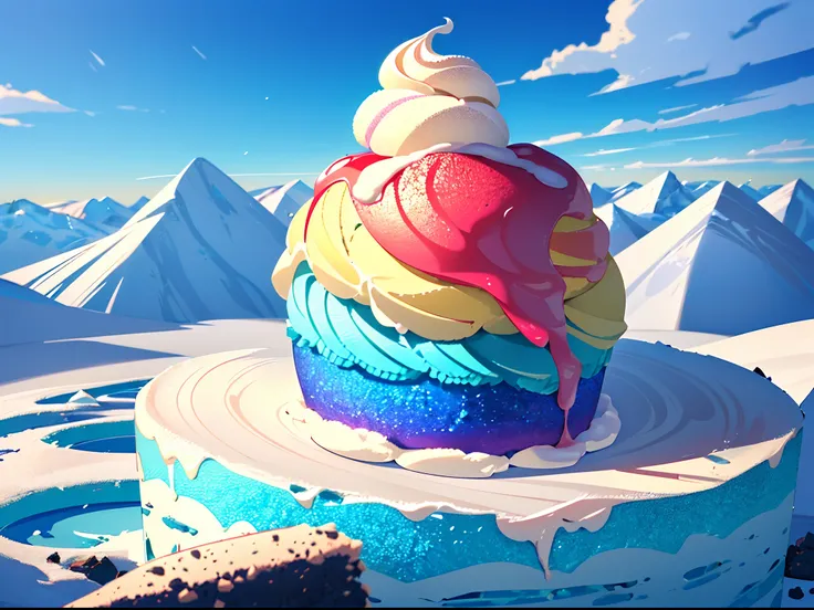 (Precise and unmatched illustrations:1.3), (world made of colorful ice cream). An earth made of ice cream, a house made of ice cream cake, a mountain made of chocolate ice cream, a tree made of strawberry ice cream, (Best Quality), (masutepiece:1.3), Ultra...